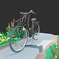 Bicycle Parked On Scenic Path With Green Plants And Yellow Flowers