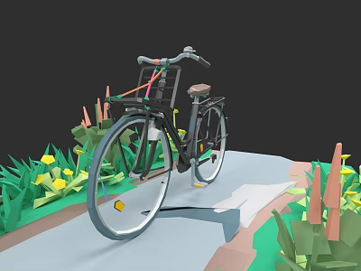 Bicycle Parked On Scenic Path With Green Plants And Yellow Flowers 3d model