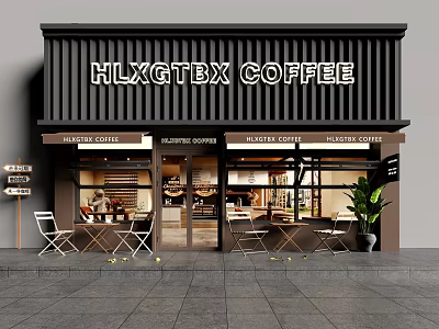 Coffee Shop Facade With Glass Doors Outdoor Seating And Plant Decoration 3d model