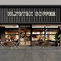Coffee Shop Facade With Glass Doors Outdoor Seating And Plant Decoration