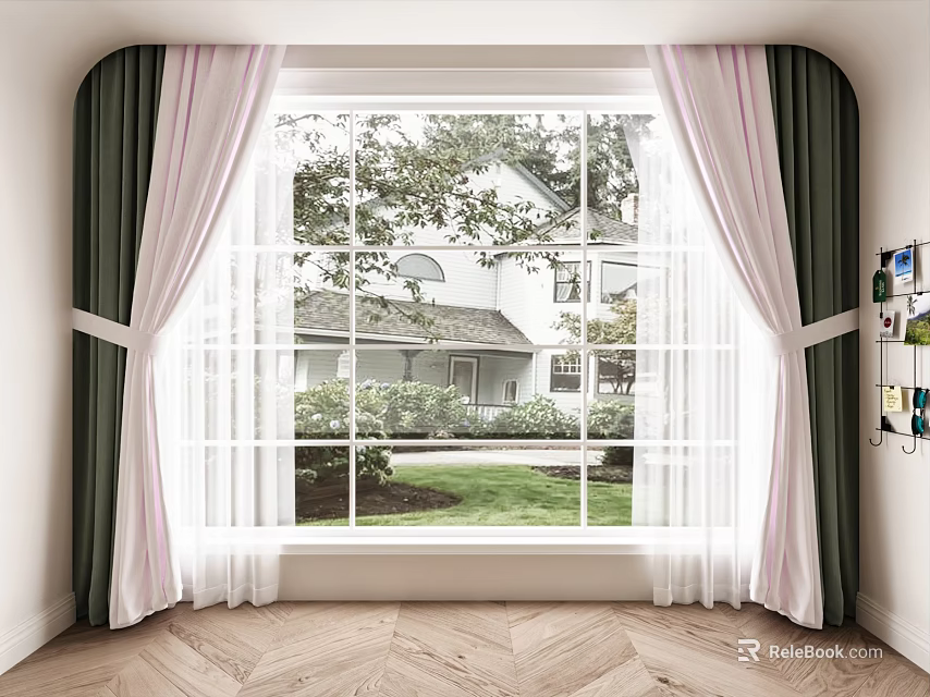 Green And Pink Layered Curtains For Window With House Lawn Trees View And Wooden Floor 3d model 