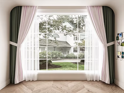 Green And Pink Layered Curtains For Window With House Lawn Trees View And Wooden Floor 3d model