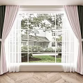 Green And Pink Layered Curtains For Window With House Lawn Trees View And Wooden Floor