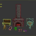 Rustic Wooden Furniture Set With Stone Fireplace Bench Table Chair And Basket