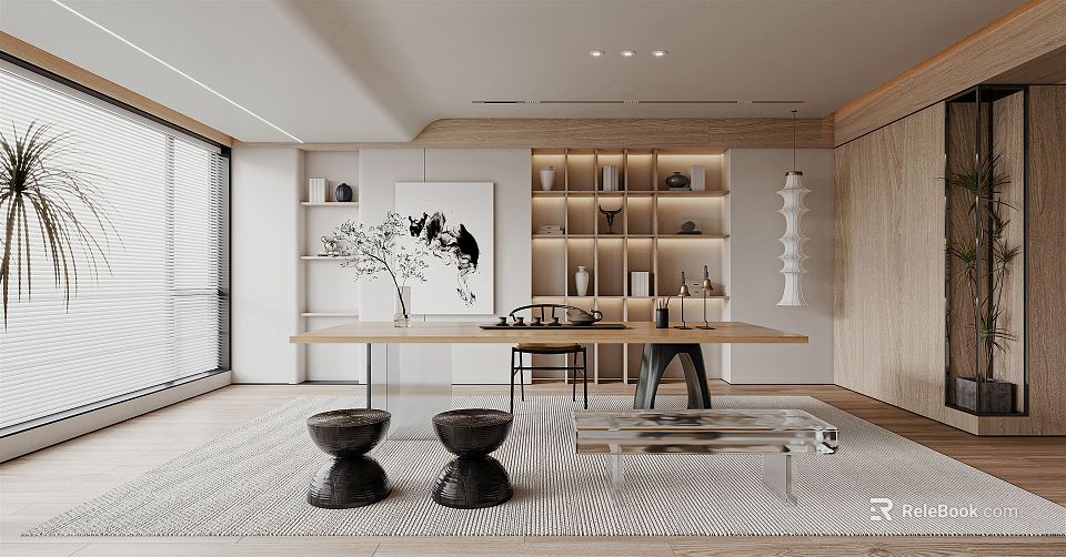 Modern Tea Room Interior Design With Wooden Shelves Tea Sets Table Chairs And Decorative Rug 3d model 