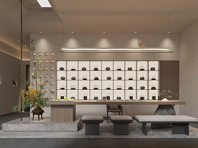 Modern Tea House Interior With Display Shelves And Seating 3d model