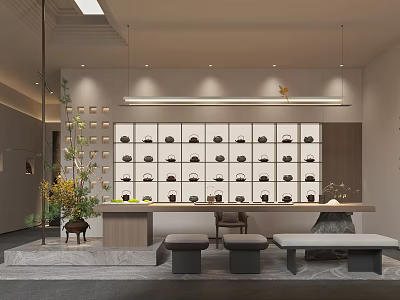 Modern Tea House Interior With Display Shelves And Seating 3d model