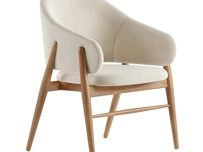 Light Beige Upholstered Accent Chair with Curved Backrest Armrests and Wooden Legs in Modern Style 3d model