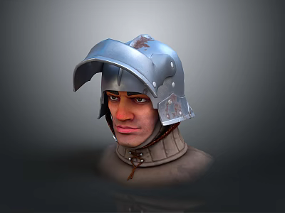 Armored Character With Medieval Metal Helmet Leather Neck Guard And Visible Face Headshot 3d model
