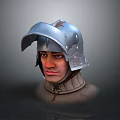 Armored Character With Medieval Metal Helmet Leather Neck Guard And Visible Face Headshot