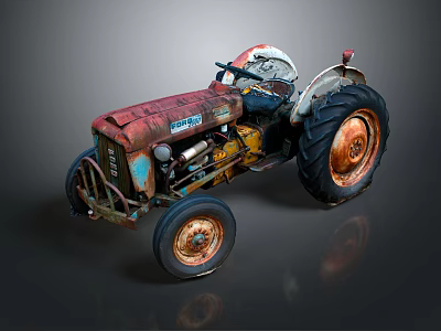 Vintage Rusty Tractor With Red Yellow Body And Large Wheels 3d model