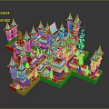 Cartoon Castle Scene With Blue Spires White Towers Green Trees And Pink Cherry Blossoms