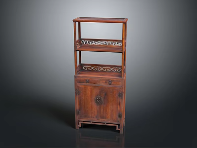 Traditional Wooden Storage Shelf Cabinet with Carved Details Open Shelf and Cabinet Door 3d model