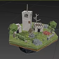 Cartoon Floating Island Scene With Tower Small Houses Trees And Stones