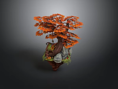 Decorative Orange Leaf Tree With Rocks And Small Plants On Wooden Base 3d model