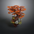 Decorative Orange Leaf Tree With Rocks And Small Plants On Wooden Base