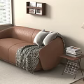 Brown Leather Two-Seater Sofa With Throw Blanket Cushions Side Table And Floor Lamp 3d model
