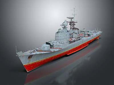 Gray Warship Model With Red Hull Detailed Deck Structures Mast And Turrets Equipment 3d model