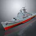 Gray Warship Model With Red Hull Detailed Deck Structures Mast And Turrets Equipment