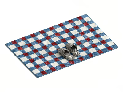 Square Rug With Blue White Red Checkered Pattern And Gray Slippers 3d model