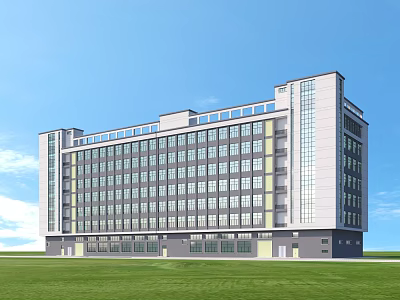 Modern Multi Storey Industrial Factory Building Featuring Large Glass Windows Green Lawn And Blue Sky 3d model
