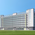 Modern Multi Storey Industrial Factory Building Featuring Large Glass Windows Green Lawn And Blue Sky