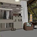 Modern Wardrobe With Shelves Hanging Space Drawers And Brown Armchair Floor Lamp Snowy View