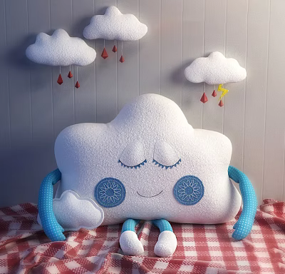 Cute Cloud Shaped Pillow With Smiling Face Closed Eyes Blue Arms And Legs 3d model