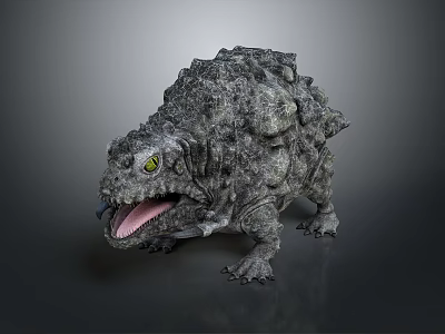 3D Rendered Mythical Reptile With Rock Covered Skin Open Mouth And Yellow Eyes 3d model