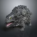 3D Rendered Mythical Reptile With Rock Covered Skin Open Mouth And Yellow Eyes