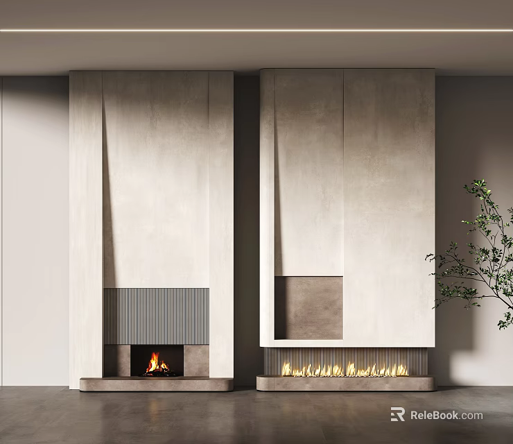 Modern Concrete Fireplace Interior Design With Burning Flame And Symmetric Wall Structure 3d model