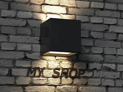Black Square Wall Lamp Mounted On Brick Wall Illuminating Wall Surface And MY SHOP Letters 3d model