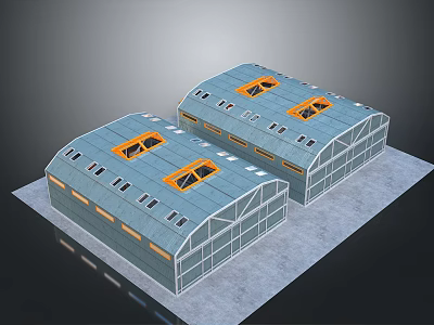 Two Modern Industrial Buildings With Arch Roofs Orange Skylights And Metal Glass Structure 3d model