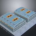 Two Modern Industrial Buildings With Arch Roofs Orange Skylights And Metal Glass Structure
