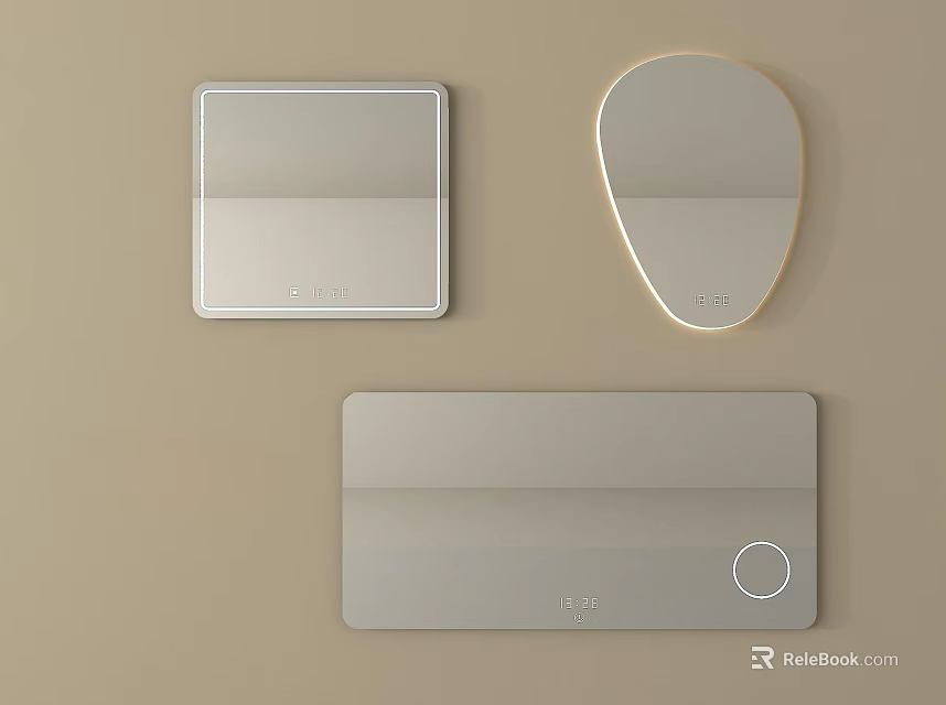Modern Mirrors In Square Teardrop And Rectangular Shapes With Silver Frames On Beige Wall 3d model 
