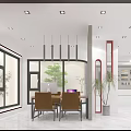 Modern Open Restaurant Interior With White Dining Table Chairs Plants And Pendant Lights