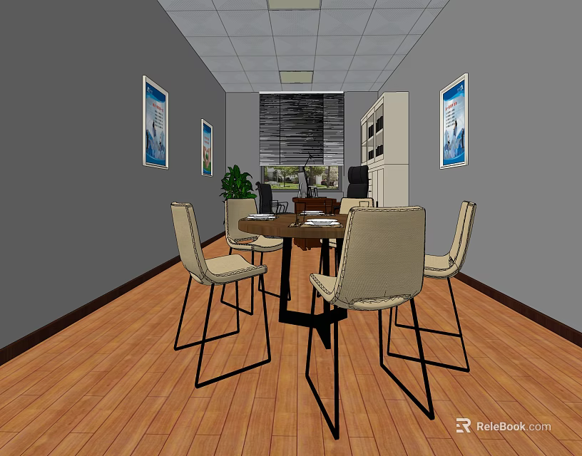 Conference Room Interior With Wooden Flooring Conference Table Chairs And Wall Paintings 3d model 