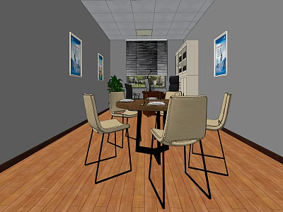 Conference Room Interior With Wooden Flooring Conference Table Chairs And Wall Paintings 3d model