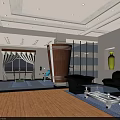 Modern Clubhouse Interior Design With Wooden Flooring Meeting Table Sofa Windows And White Railing