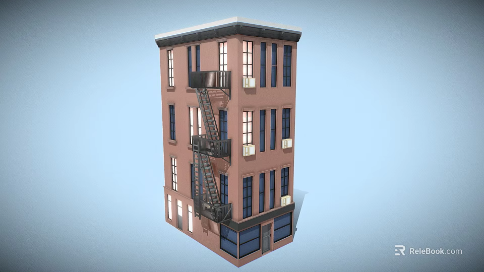 Cartoon Multi Story Apartment Building Featuring Pink Exterior Black Fire Escape Windows And Shop Design 3d model 