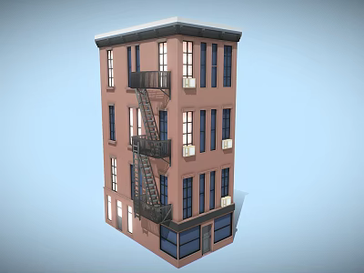 Cartoon Multi Story Apartment Building Featuring Pink Exterior Black Fire Escape Windows And Shop Design 3d model