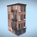 Cartoon Multi Story Apartment Building Featuring Pink Exterior Black Fire Escape Windows And Shop Design
