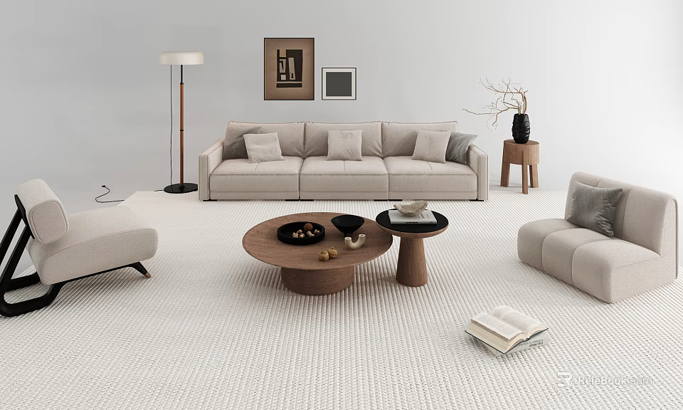 Modern Beige Sofa And Wooden Coffee Table Set With Area Rug And Floor Lamp 3d model 