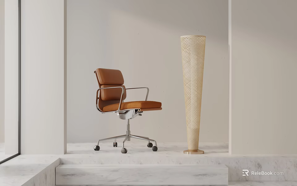 Brown Leather Office Chair With Metal Frame On Marble Steps And Woven Vase In Minimalist Interior 3d model 