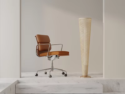 Brown Leather Office Chair With Metal Frame On Marble Steps And Woven Vase In Minimalist Interior 3d model