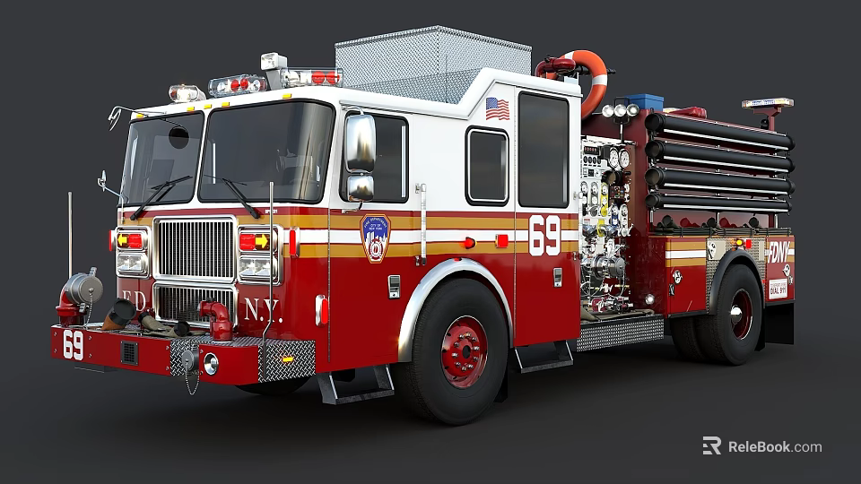 Red FDNY Fire Truck With Ladder Water Tank And Number 69 3d model 