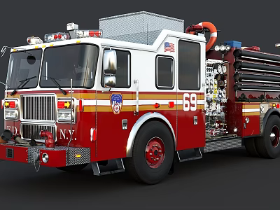 Red FDNY Fire Truck With Ladder Water Tank And Number 69 3d model