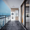 Modern Living and Dining Room Interior With Large Windows City View Chandelier And Sofa