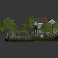 Two Story House With Red Roof Green Windows Lush Garden Trees Pathway And Small Bridge