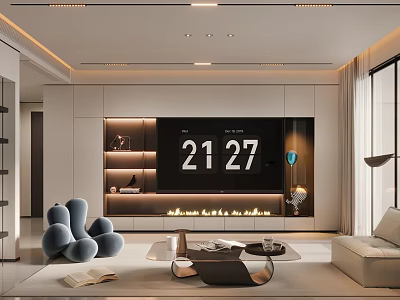Modern Living Room Interior Design With TV Wall Fireplace Blue Beige Sofa And Coffee Table 3d model